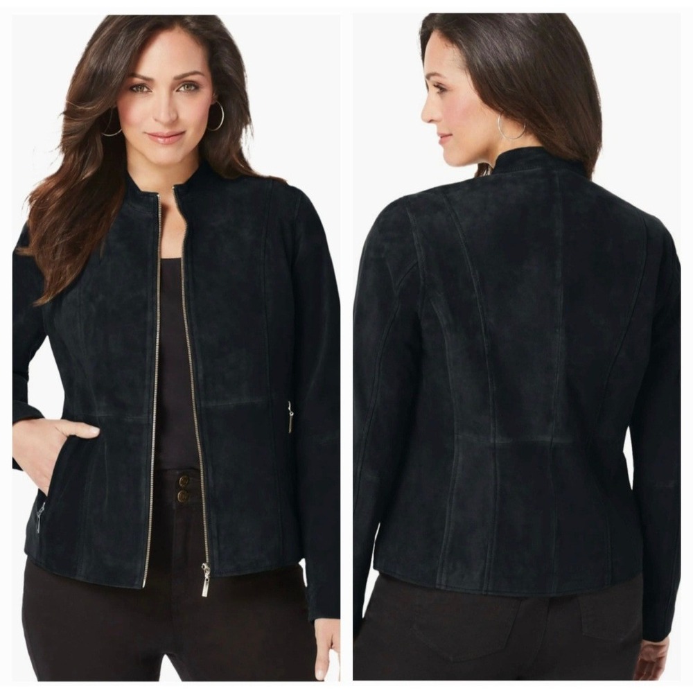 Jessica London Womens Black Genuine Suede Leather Full-Zip Jacket Size Medium